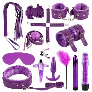 Kit de Sado (BDSM) de 18 piezas color purpura Cuero/Tela.