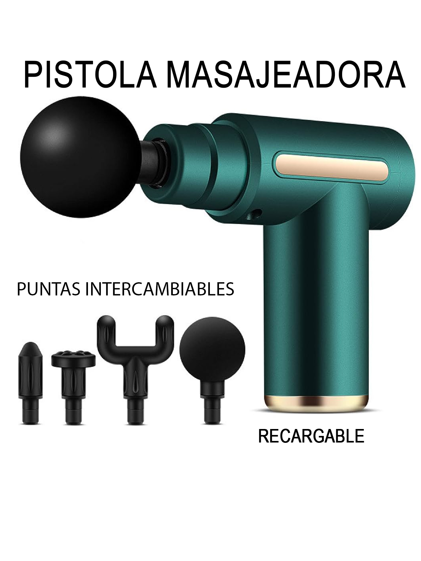 Pistola Masajeadora, Punta Intercambiables, Recargable.